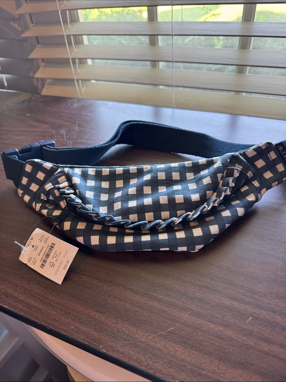 J. Crew Navy and Cream Gingham Chain-Trim Waist Bag